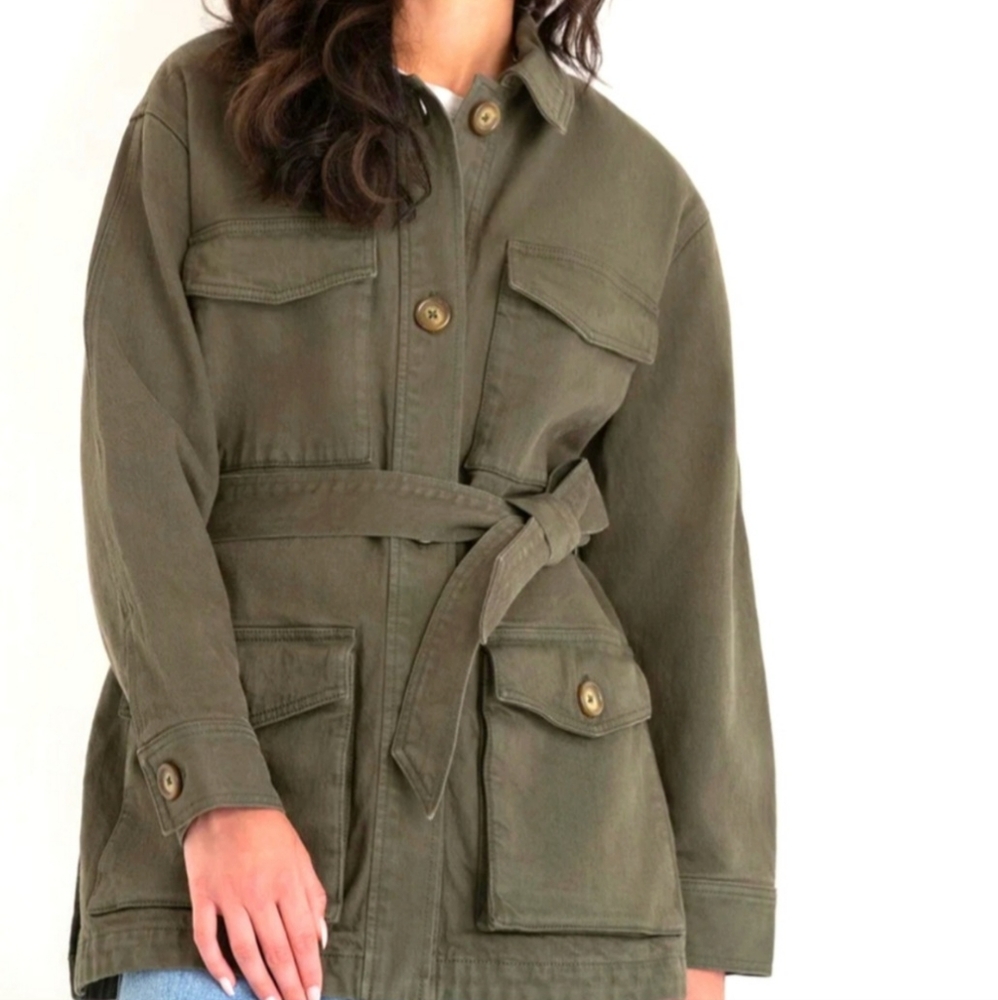 Belted Twill Barn Chore Coat Olive Army Green NWT